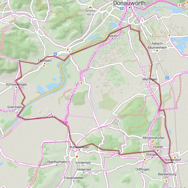 Karten-Miniaturansicht der Radinspiration "Durch die Natur um Donauwörth" in Schwaben, Germany. Erstellt vom Tarmacs.app-Routenplaner für Radtouren