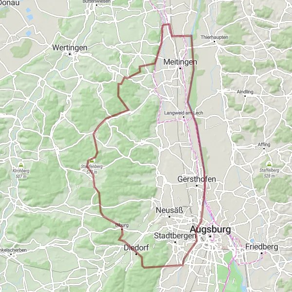 Map miniature of "Exploring Gravel Roads around Nordendorf" cycling inspiration in Schwaben, Germany. Generated by Tarmacs.app cycling route planner