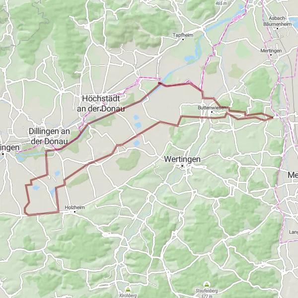 Map miniature of "Gravel Adventure near Nordendorf" cycling inspiration in Schwaben, Germany. Generated by Tarmacs.app cycling route planner