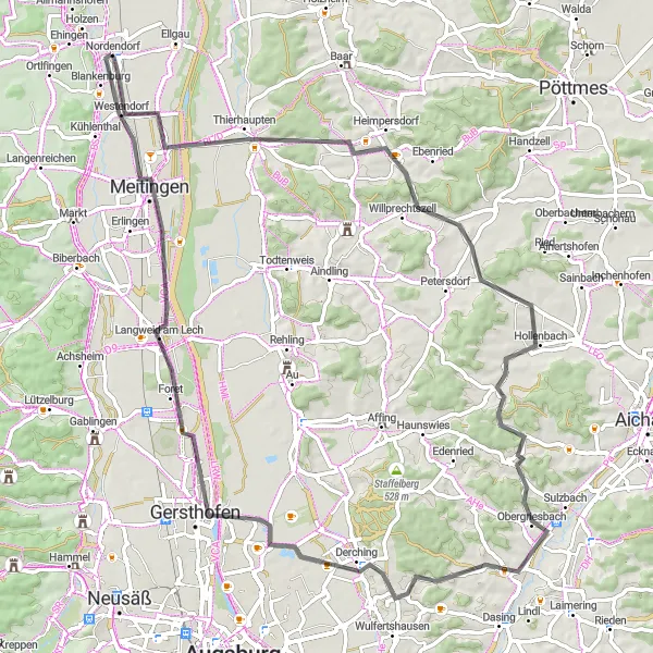 Map miniature of "Road Cycling Adventure near Nordendorf" cycling inspiration in Schwaben, Germany. Generated by Tarmacs.app cycling route planner