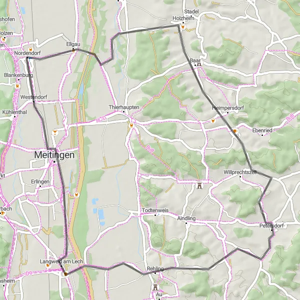 Map miniature of "Rehling Loop" cycling inspiration in Schwaben, Germany. Generated by Tarmacs.app cycling route planner