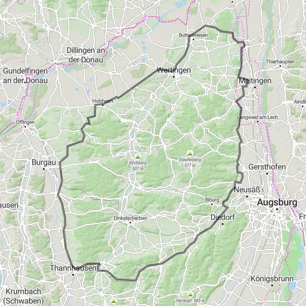 Map miniature of "Schwaben Loop" cycling inspiration in Schwaben, Germany. Generated by Tarmacs.app cycling route planner