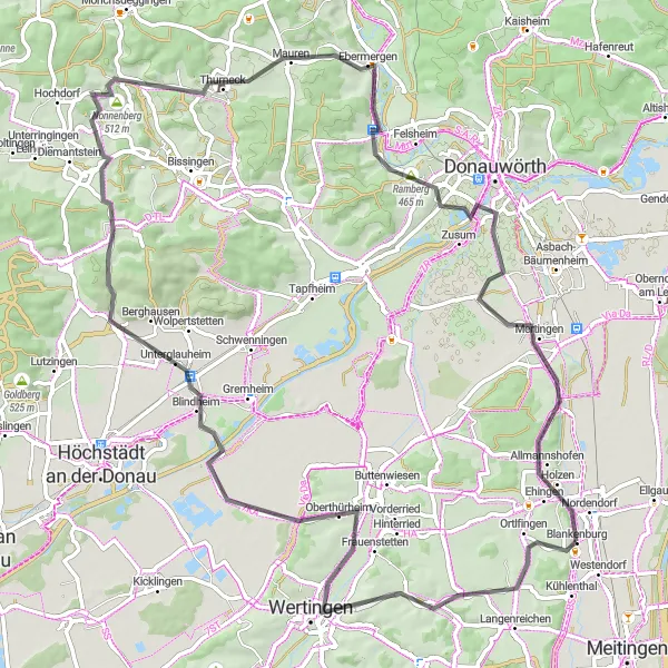 Karten-Miniaturansicht der Radinspiration "Historische Route durch Wertingen und Nordendorf" in Schwaben, Germany. Erstellt vom Tarmacs.app-Routenplaner für Radtouren