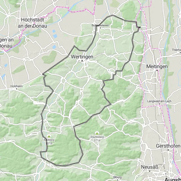 Karten-Miniaturansicht der Radinspiration "Hügelige Tour mit Panoramablick" in Schwaben, Germany. Erstellt vom Tarmacs.app-Routenplaner für Radtouren