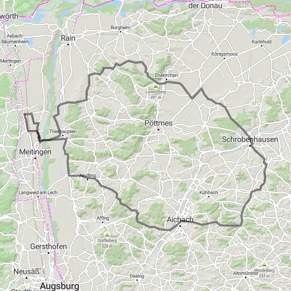 Map miniature of "Thierhaupten Castle Tour" cycling inspiration in Schwaben, Germany. Generated by Tarmacs.app cycling route planner