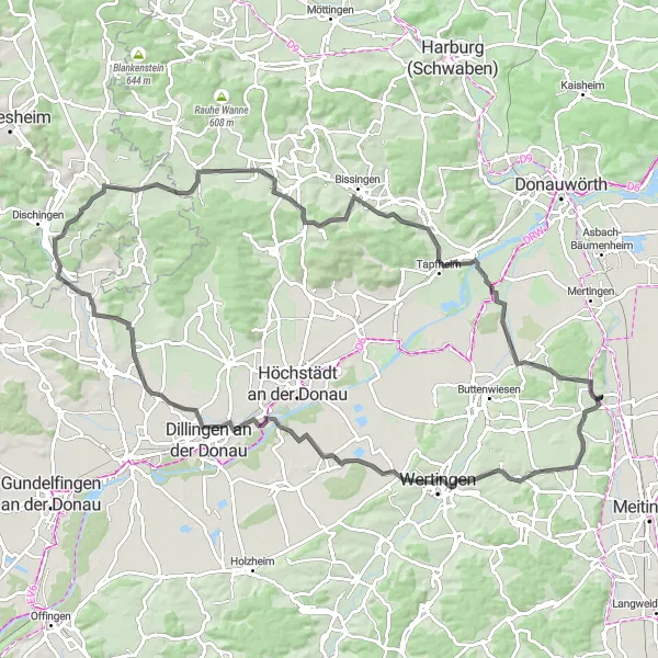 Map miniature of "Donauwörth Adventure" cycling inspiration in Schwaben, Germany. Generated by Tarmacs.app cycling route planner
