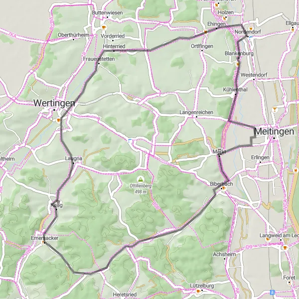 Karten-Miniaturansicht der Radinspiration "Kleine Runde um Nordendorf" in Schwaben, Germany. Erstellt vom Tarmacs.app-Routenplaner für Radtouren