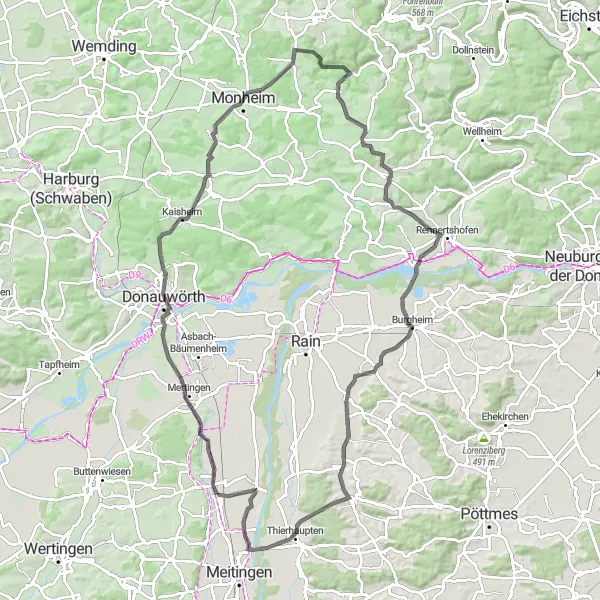 Map miniature of "Danube Loop" cycling inspiration in Schwaben, Germany. Generated by Tarmacs.app cycling route planner