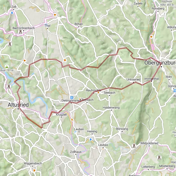 Karten-Miniaturansicht der Radinspiration "Rund um Obergünzburg und Untrasried" in Schwaben, Germany. Erstellt vom Tarmacs.app-Routenplaner für Radtouren