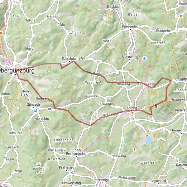 Karten-Miniaturansicht der Radinspiration "Schottertour von Obergünzburg nach Günzach" in Schwaben, Germany. Erstellt vom Tarmacs.app-Routenplaner für Radtouren