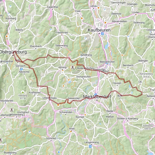 Karten-Miniaturansicht der Radinspiration "Günzach-Runde" in Schwaben, Germany. Erstellt vom Tarmacs.app-Routenplaner für Radtouren