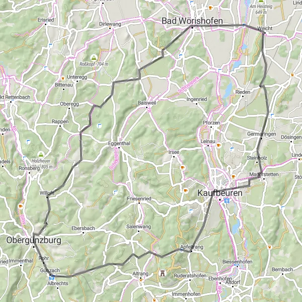 Karten-Miniaturansicht der Radinspiration "Kaufbeuren Tour de Schwaben" in Schwaben, Germany. Erstellt vom Tarmacs.app-Routenplaner für Radtouren