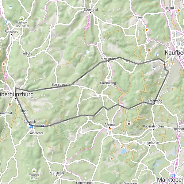 Karten-Miniaturansicht der Radinspiration "Kurze Tour von Obergünzburg nach Günzach" in Schwaben, Germany. Erstellt vom Tarmacs.app-Routenplaner für Radtouren
