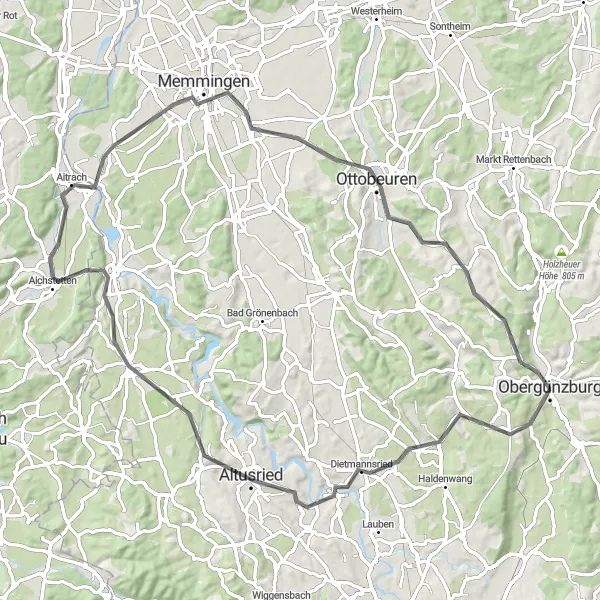 Karten-Miniaturansicht der Radinspiration "Rundweg um Obergünzburg" in Schwaben, Germany. Erstellt vom Tarmacs.app-Routenplaner für Radtouren