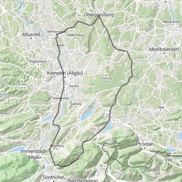 Karten-Miniaturansicht der Radinspiration "Große Runde durch Unterthingau und Untrasried" in Schwaben, Germany. Erstellt vom Tarmacs.app-Routenplaner für Radtouren