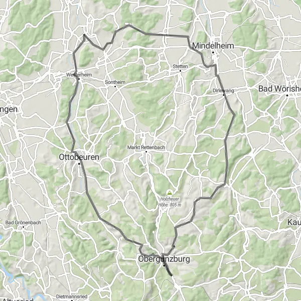 Karten-Miniaturansicht der Radinspiration "Radtour von Obergünzburg nach Rohr" in Schwaben, Germany. Erstellt vom Tarmacs.app-Routenplaner für Radtouren