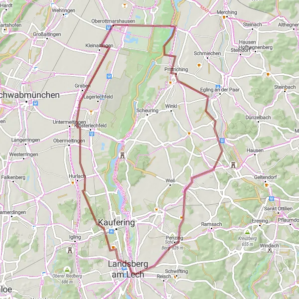 Map miniature of "Landsberg Adventure" cycling inspiration in Schwaben, Germany. Generated by Tarmacs.app cycling route planner