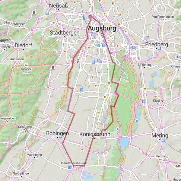 Karten-Miniaturansicht der Radinspiration "Rundkurs Oberottmarshausen-Schaezlerpalais-Bobingen" in Schwaben, Germany. Erstellt vom Tarmacs.app-Routenplaner für Radtouren