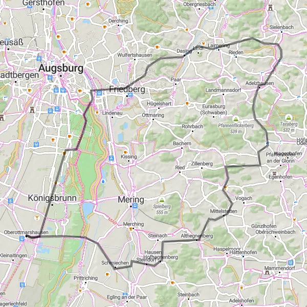 Map miniature of "Historic Towns and Countryside" cycling inspiration in Schwaben, Germany. Generated by Tarmacs.app cycling route planner