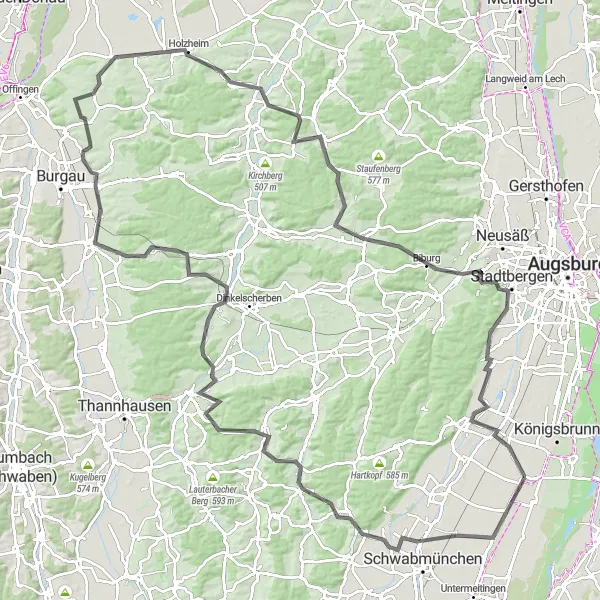 Map miniature of "Kaltenberg Loop" cycling inspiration in Schwaben, Germany. Generated by Tarmacs.app cycling route planner