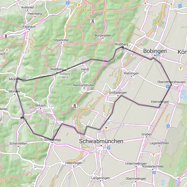 Map miniature of "The Hills of Schwaben" cycling inspiration in Schwaben, Germany. Generated by Tarmacs.app cycling route planner