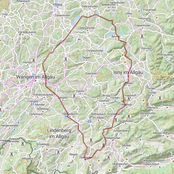 Map miniature of "Oberreute Circuit" cycling inspiration in Schwaben, Germany. Generated by Tarmacs.app cycling route planner