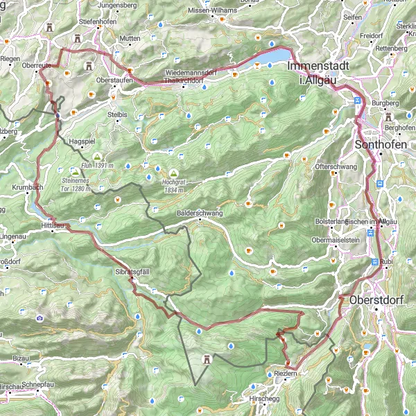 Karten-Miniaturansicht der Radinspiration "Gravel-Paradies im Allgäu" in Schwaben, Germany. Erstellt vom Tarmacs.app-Routenplaner für Radtouren