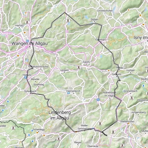 Map miniature of "Wangen Loop Adventure" cycling inspiration in Schwaben, Germany. Generated by Tarmacs.app cycling route planner