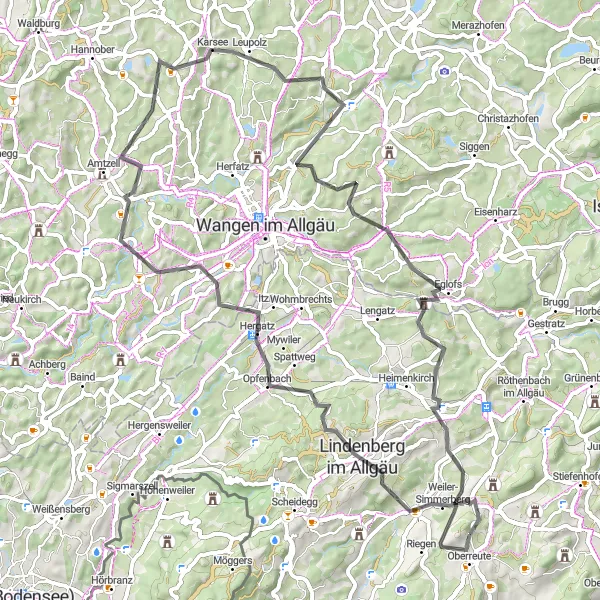Map miniature of "Road to Syrgenstein" cycling inspiration in Schwaben, Germany. Generated by Tarmacs.app cycling route planner