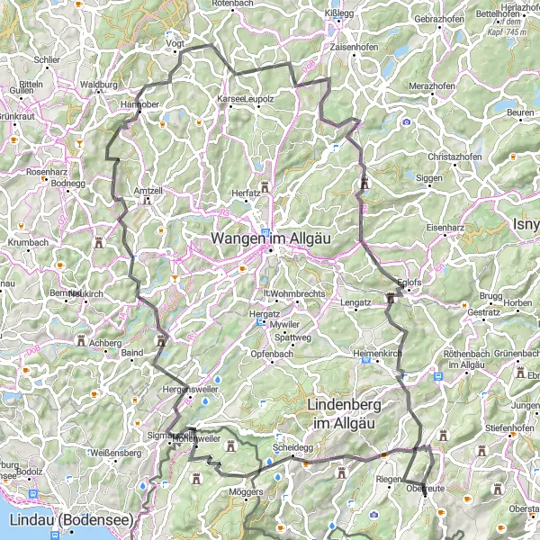 Karten-Miniaturansicht der Radinspiration "Panorama-Radtour nach Sigmarszell" in Schwaben, Germany. Erstellt vom Tarmacs.app-Routenplaner für Radtouren