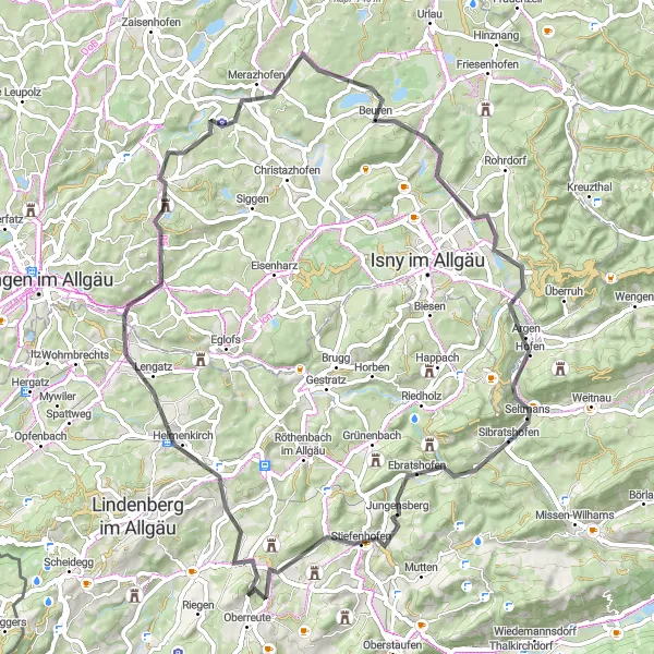 Karten-Miniaturansicht der Radinspiration "Radeln von Weiler-Simmerberg nach Beuren" in Schwaben, Germany. Erstellt vom Tarmacs.app-Routenplaner für Radtouren