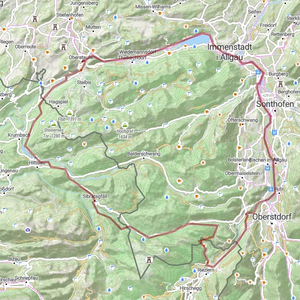 Map miniature of "Across the Allgäu" cycling inspiration in Schwaben, Germany. Generated by Tarmacs.app cycling route planner
