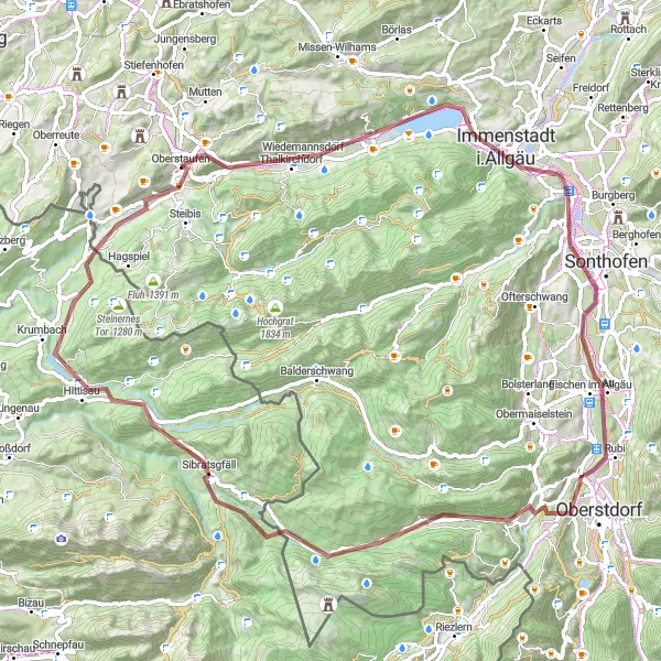 Map miniature of "Gravel Adventure in Allgäu" cycling inspiration in Schwaben, Germany. Generated by Tarmacs.app cycling route planner