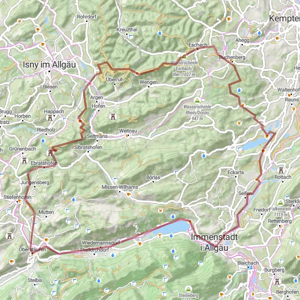 Map miniature of "The Allgäu Gravel Loop" cycling inspiration in Schwaben, Germany. Generated by Tarmacs.app cycling route planner