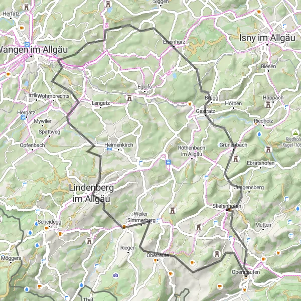 Map miniature of "Discovering Oberstaufen" cycling inspiration in Schwaben, Germany. Generated by Tarmacs.app cycling route planner