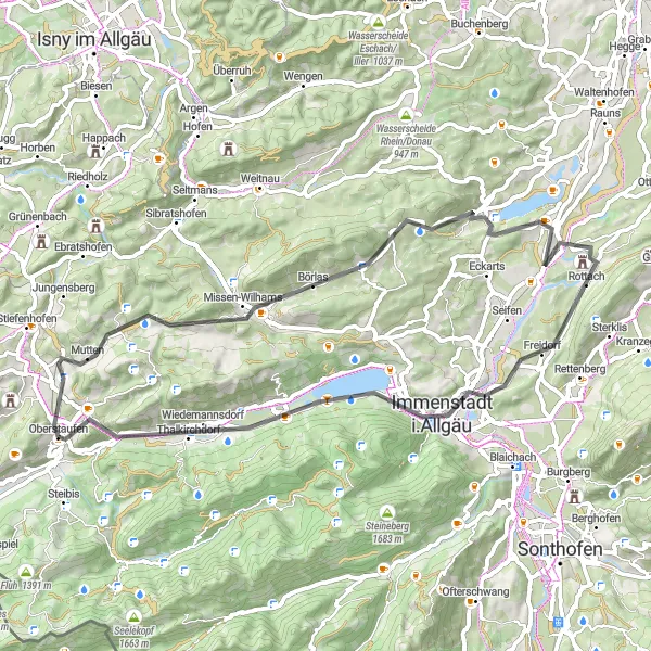 Karten-Miniaturansicht der Radinspiration "Rundweg um Oberstaufen über Kalzhofner Berg" in Schwaben, Germany. Erstellt vom Tarmacs.app-Routenplaner für Radtouren