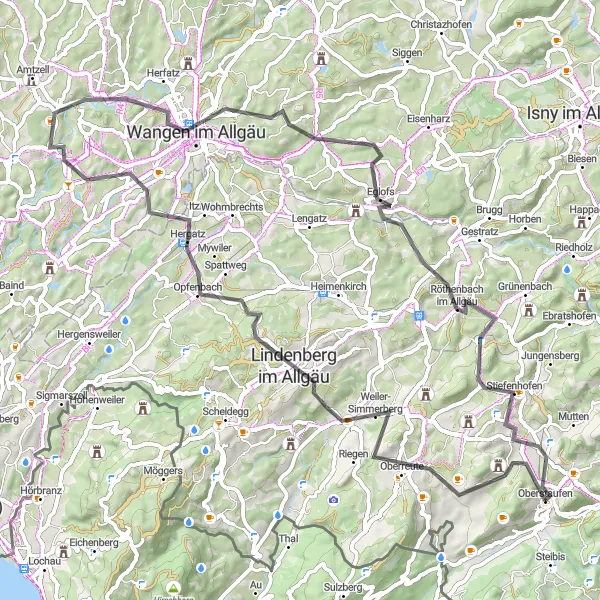 Map miniature of "Around Weiler-Simmerburg" cycling inspiration in Schwaben, Germany. Generated by Tarmacs.app cycling route planner