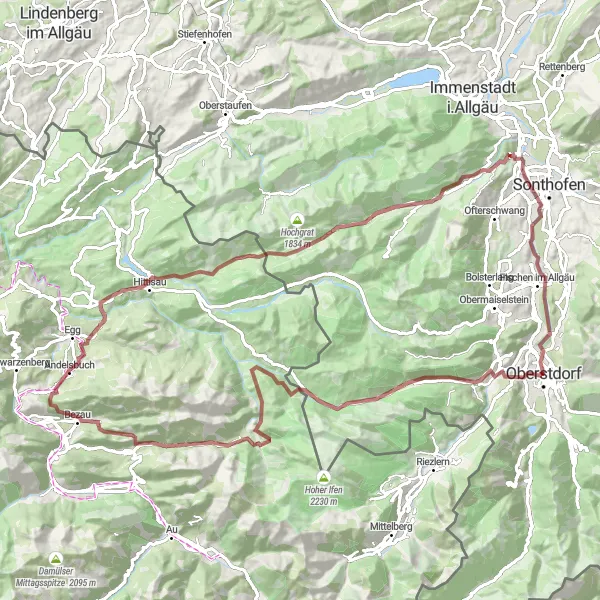 Map miniature of "Allgäu Gravel Adventure from Oberstdorf" cycling inspiration in Schwaben, Germany. Generated by Tarmacs.app cycling route planner