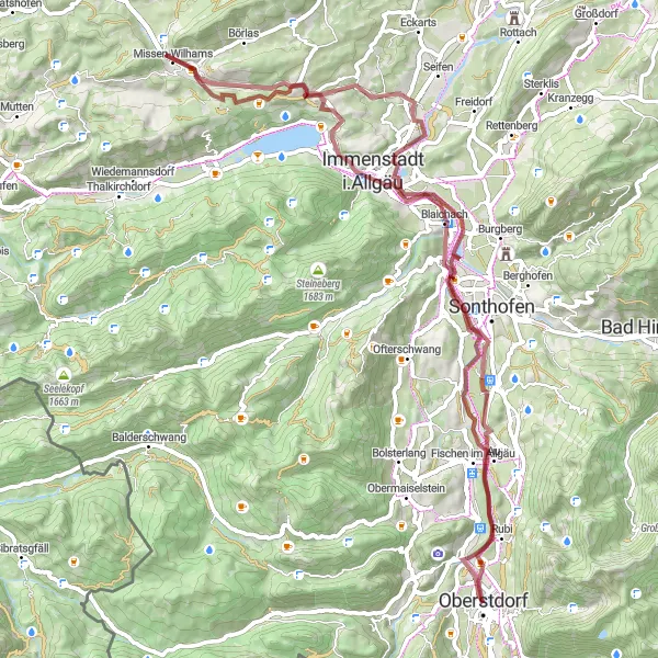 Map miniature of "Oberstdorf Gravel Loop" cycling inspiration in Schwaben, Germany. Generated by Tarmacs.app cycling route planner