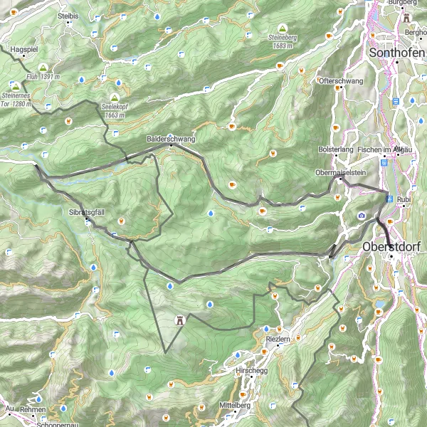 Map miniature of "Riedbergpass Loop from Oberstdorf" cycling inspiration in Schwaben, Germany. Generated by Tarmacs.app cycling route planner