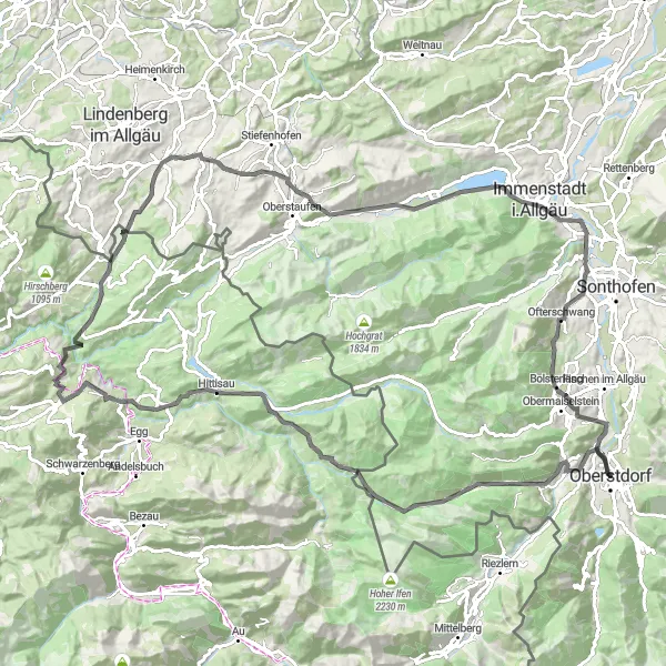 Map miniature of "Panoramic Tour from Oberstdorf" cycling inspiration in Schwaben, Germany. Generated by Tarmacs.app cycling route planner