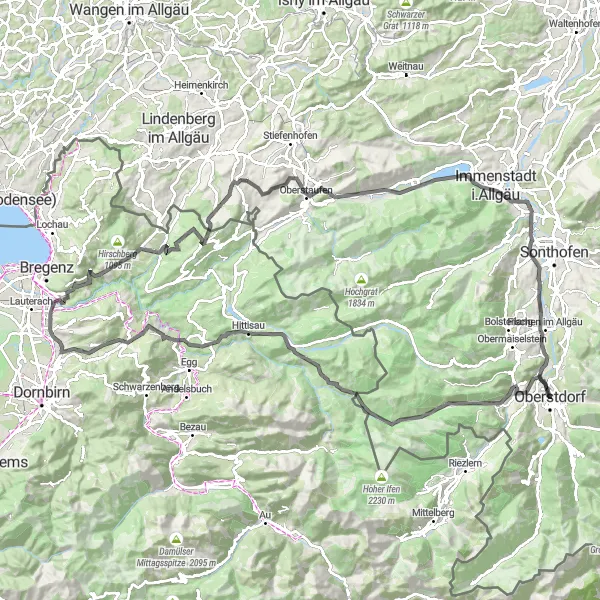 Map miniature of "Three-Country Tour from Oberstdorf" cycling inspiration in Schwaben, Germany. Generated by Tarmacs.app cycling route planner