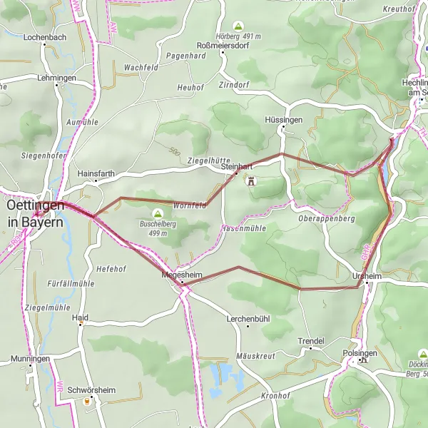 Karten-Miniaturansicht der Radinspiration "Historische Schätze auf Schotterwegen" in Schwaben, Germany. Erstellt vom Tarmacs.app-Routenplaner für Radtouren
