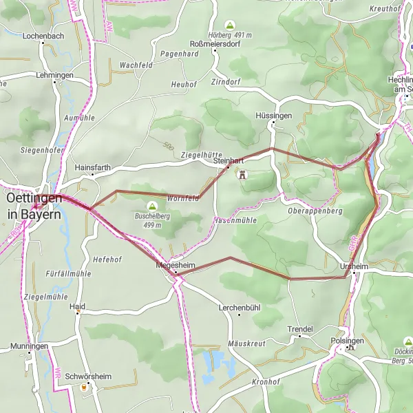 Map miniature of "Gravel Adventure in the Heart of Bavaria" cycling inspiration in Schwaben, Germany. Generated by Tarmacs.app cycling route planner