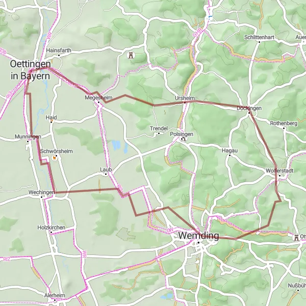 Karten-Miniaturansicht der Radinspiration "Gravelabenteuer um Oettingen in Bayern" in Schwaben, Germany. Erstellt vom Tarmacs.app-Routenplaner für Radtouren