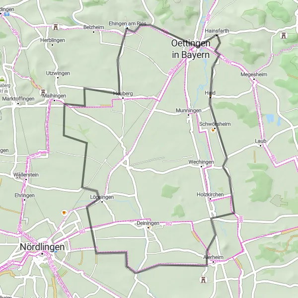Karten-Miniaturansicht der Radinspiration "Historische Orte rund um Oettingen in Bayern" in Schwaben, Germany. Erstellt vom Tarmacs.app-Routenplaner für Radtouren