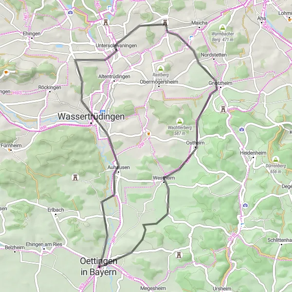 Map miniature of "Road Cycling Adventure through Outlooks" cycling inspiration in Schwaben, Germany. Generated by Tarmacs.app cycling route planner