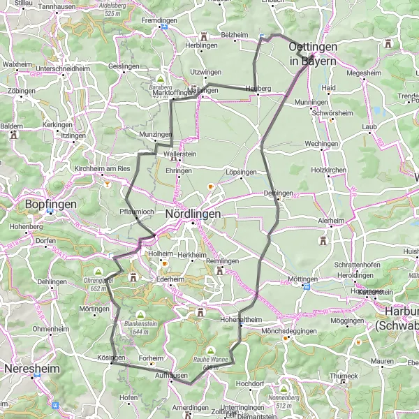 Karten-Miniaturansicht der Radinspiration "Rund um Oettingen in Bayern" in Schwaben, Germany. Erstellt vom Tarmacs.app-Routenplaner für Radtouren