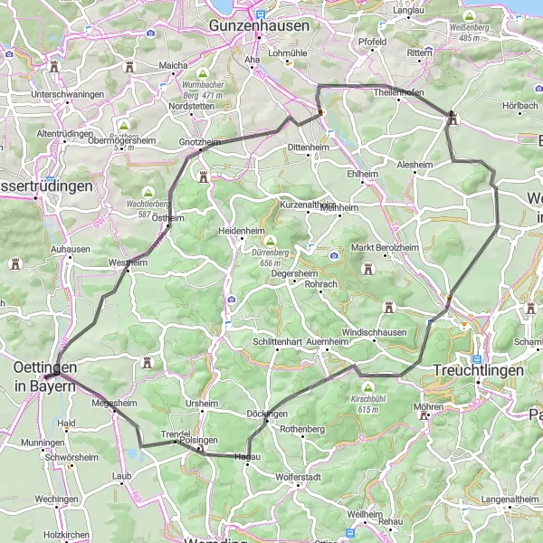 Map miniature of "Hills and Valleys Loop" cycling inspiration in Schwaben, Germany. Generated by Tarmacs.app cycling route planner