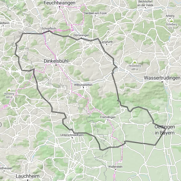 Map miniature of "The Schwaben Hills Circuit" cycling inspiration in Schwaben, Germany. Generated by Tarmacs.app cycling route planner